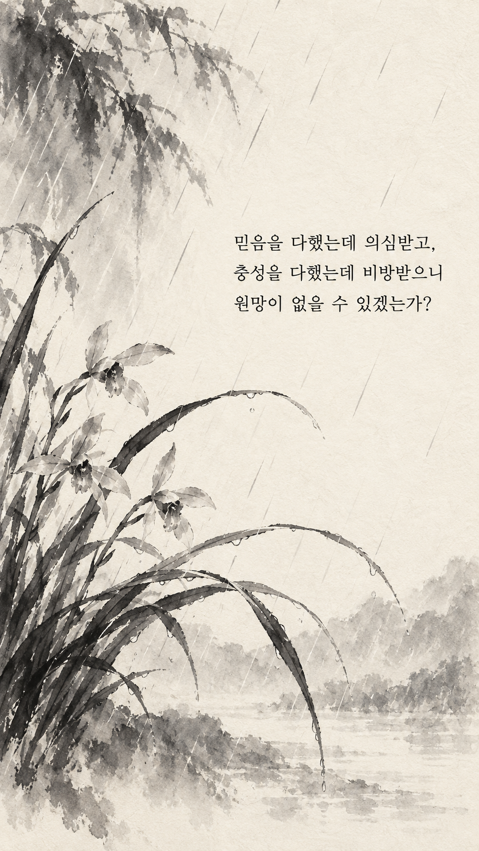 사마천 명언 19 믿음을 다했는데 의심받고, 충성을 다했는데 비방받으니 원망이 없을 수 있겠는가? 비에 젖은 난초의 잎 수묵화 이미지