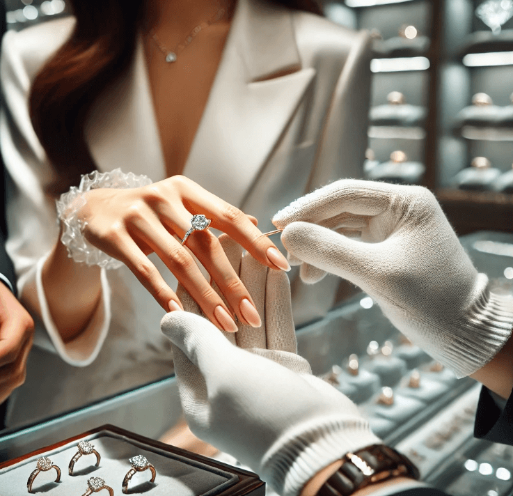 신혼부부가 다이아몬드 고르고 있는 사진