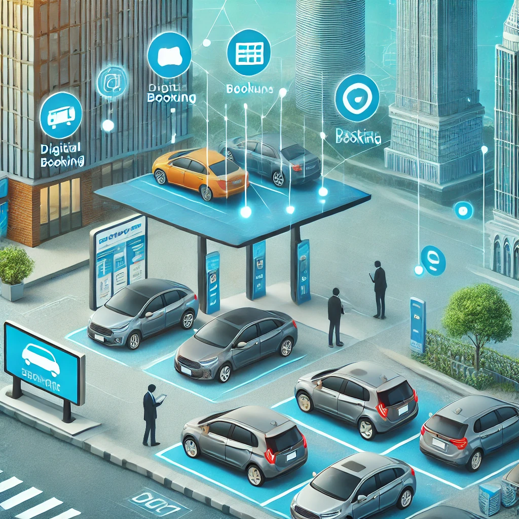 도심 환경에서 차량 공유 서비스의 편리함을 보여주는 이미지, 사용자가 지정된 허브에서 차량을 픽업하고 반납하는 장면과 디지털 예약 및 다양한 차량 옵션이 포함됨