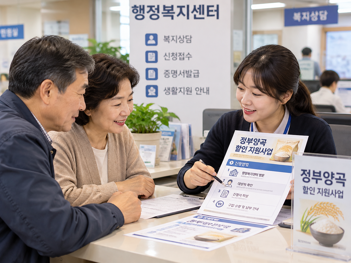 행정복지센터에서 정부양곡 할인 신청방법을 상담받는 한국인 중장년 주민