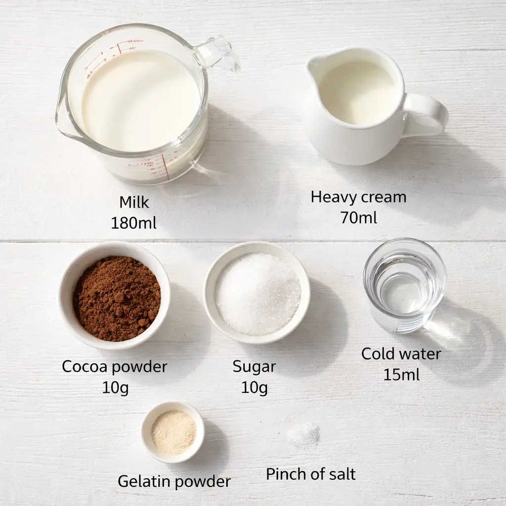 초코우유 무스 만들기 재료 - 우유, 생크림, 코코아가루, 설탕, 젤라틴 준비 사진