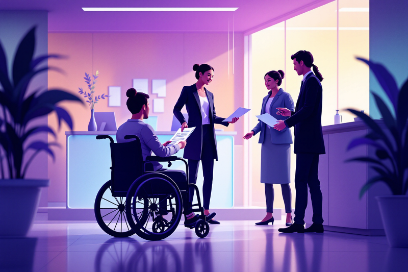 병원에서-휠체어를-타고-있는-남성과-몇명의-사람들이-대화를-나누고-있음