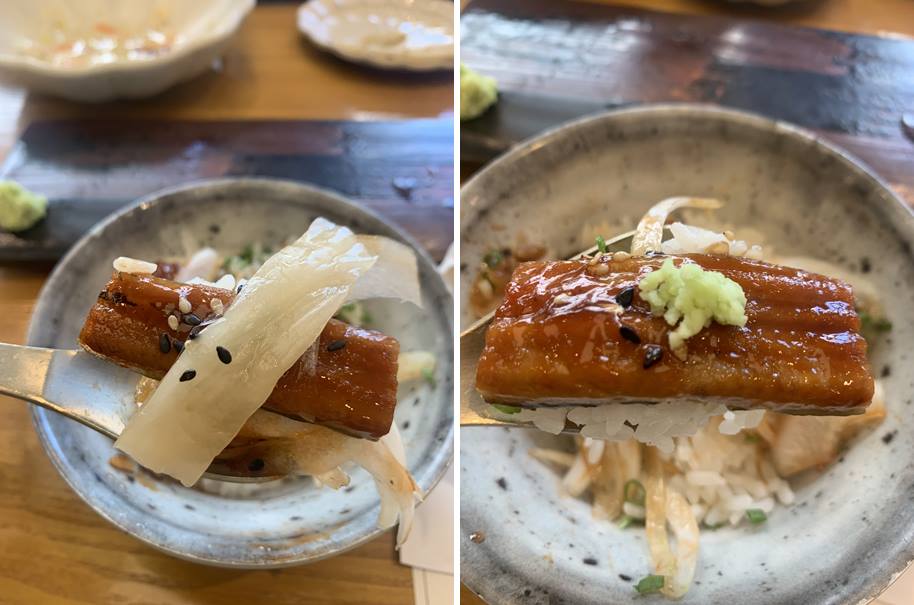 고추냉이 및 백김치와 같이 먹는 장어 덮밥