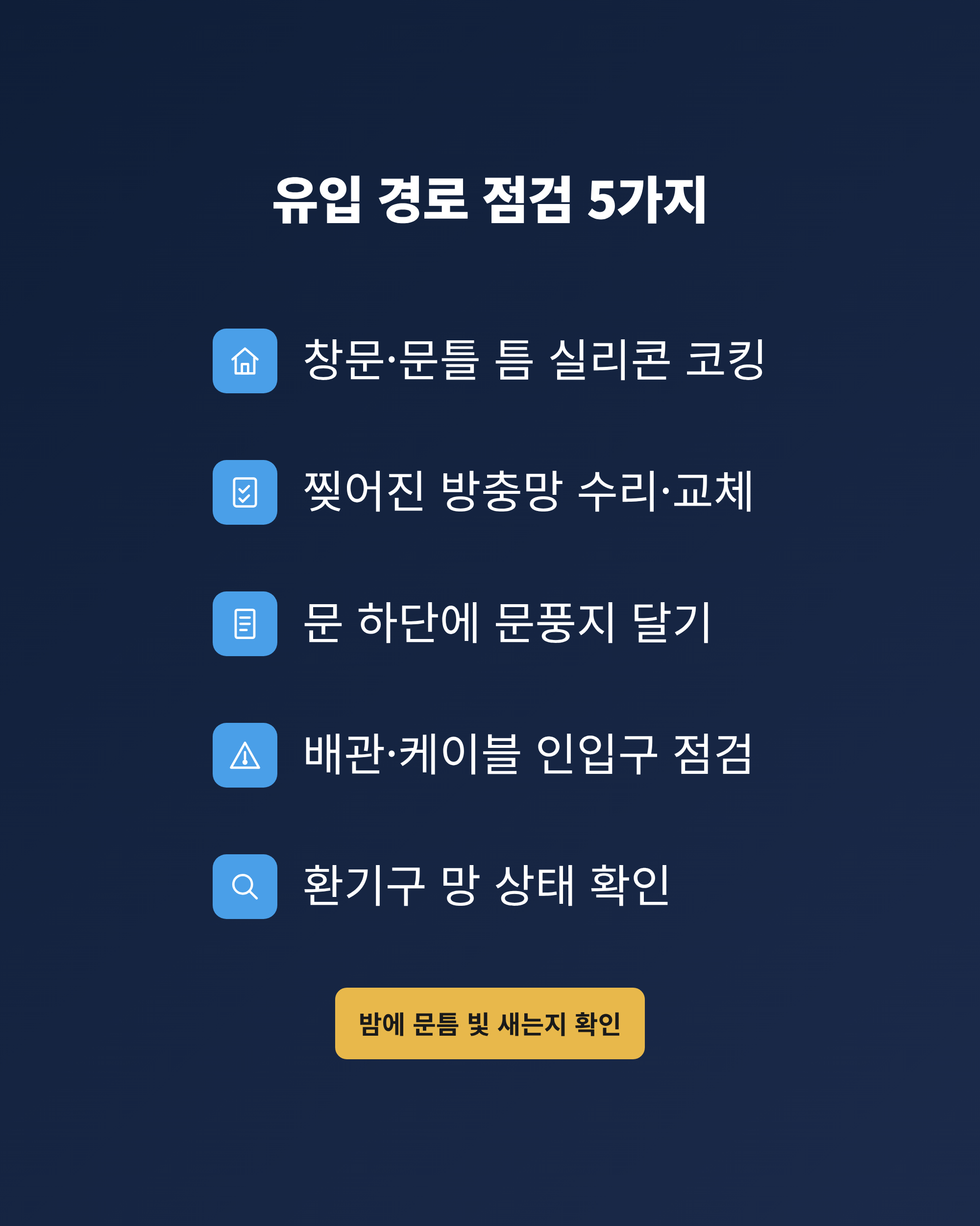창틀, 방충망, 문 하단, 배관 인입구, 환기구 등 노린재 유입 경로 5곳을 점검하는 체크리스트