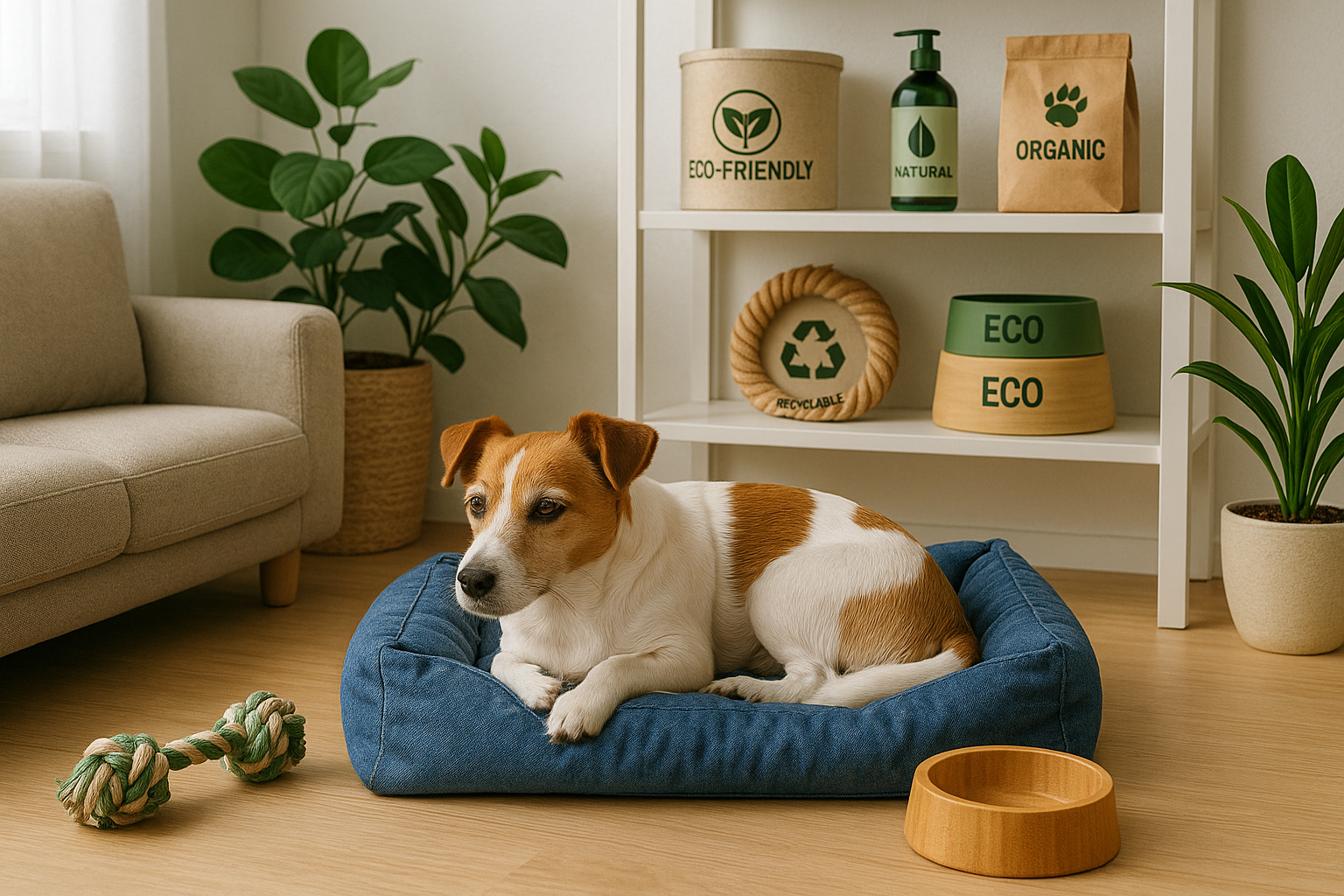 업사이클된 청바지 소재로 만든 반려동물 침대 위에 강아지가 편안히 누워 있고, 재활용 면직물 장난감과 대나무 사료 그릇이 놓인 지속가능한 거실 인테리어 공간.