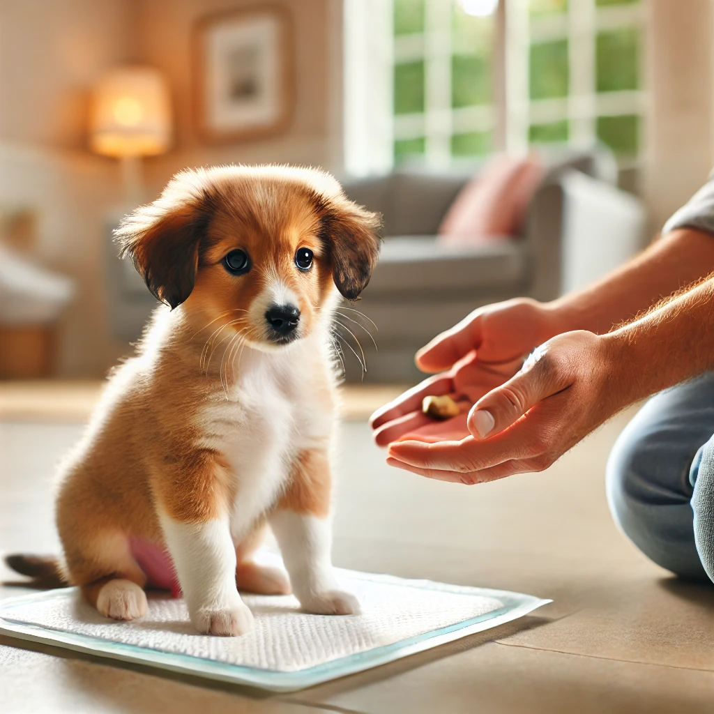 배변패드 위에서 훈련중인 강아지