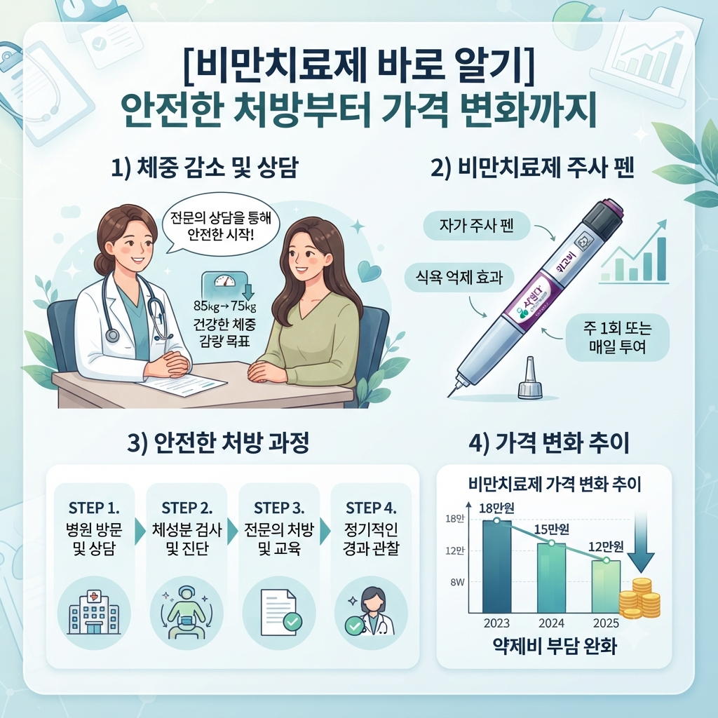 비만치료제 가격과 GLP-1 계열 약물의 안전한 사용법을 설명하는 이미지