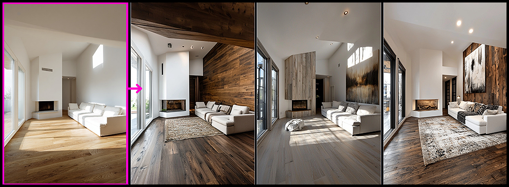 Midjourney Retexture, 흰색 벽면을 목재 패널로 바꾼 아늑한 분위기의 거실 예시_Midjourney