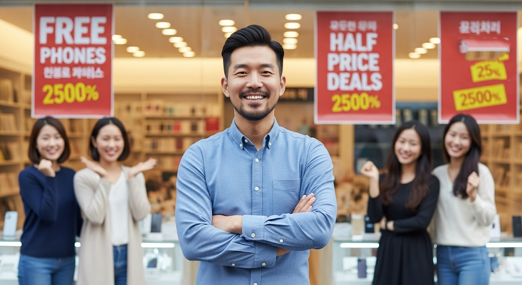단통법 폐지로 활기를 되찾은 휴대폰 매장 앞에서 환하게 웃고 있는 30대 한국 남성