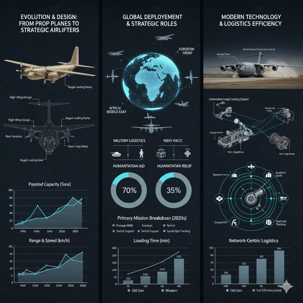 A professional three-panel infographic titled 'Evolution & Design,' 'Global Deployment,' and 'Modern Technology.' The left panel illustrates the structural transition from propeller-driven vintage fighters to modern jets with a payload capacity graph. The center panel displays a global map with mission breakdown charts for dedicated versus multi-role units. The right panel features advanced stealth fighters with diagrams of integrated avionics and JDAM precision guidance systems.