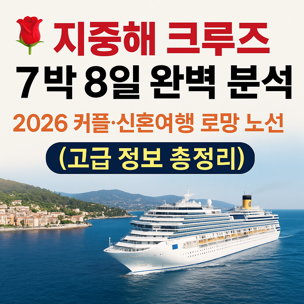 지중해 크루즈 7박 8일 완벽 분석 썸네일 이미지. 2026년 커플 및 신혼여행 추천 노선 정보를 담은 고급 정보 총정리 콘텐츠를 강조한 디자인으로, 지중해를 항해하는 대형 크루즈선과 로맨틱 여행 분위기를 전달하는 고품질 블로그 썸네일.