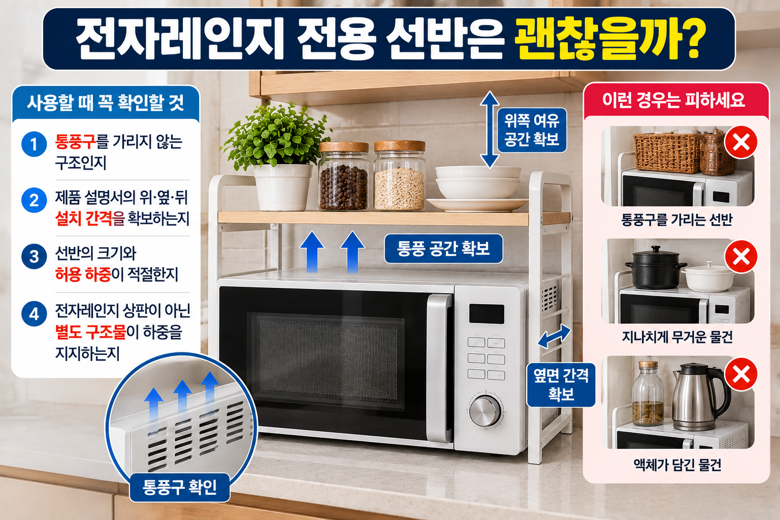 전자레인지 전용 선반 사용 시 통풍구와 안전거리 확인