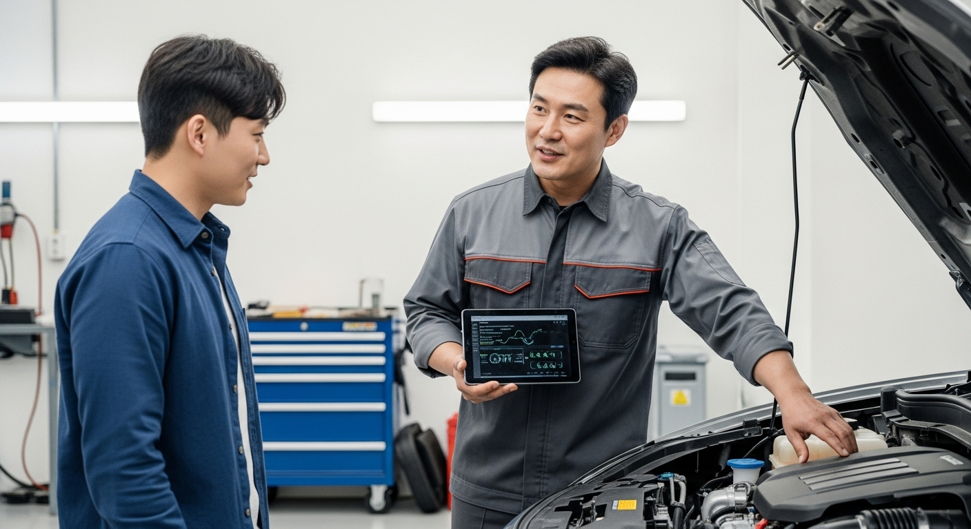 정비소에서 친절한 한국인 정비사가 태블릿으로 차량 수리 내용을 설명하고 있는 모습