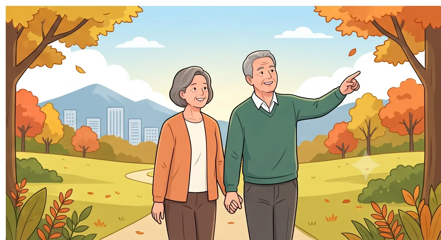 단풍이 든 가을 공원을 배경으로, 손을 맞잡고 걷는 노부부의 모습. 남성이 손가락으로 풍경을 가리키고 있다. 멀리 도시 건물이 보인다.