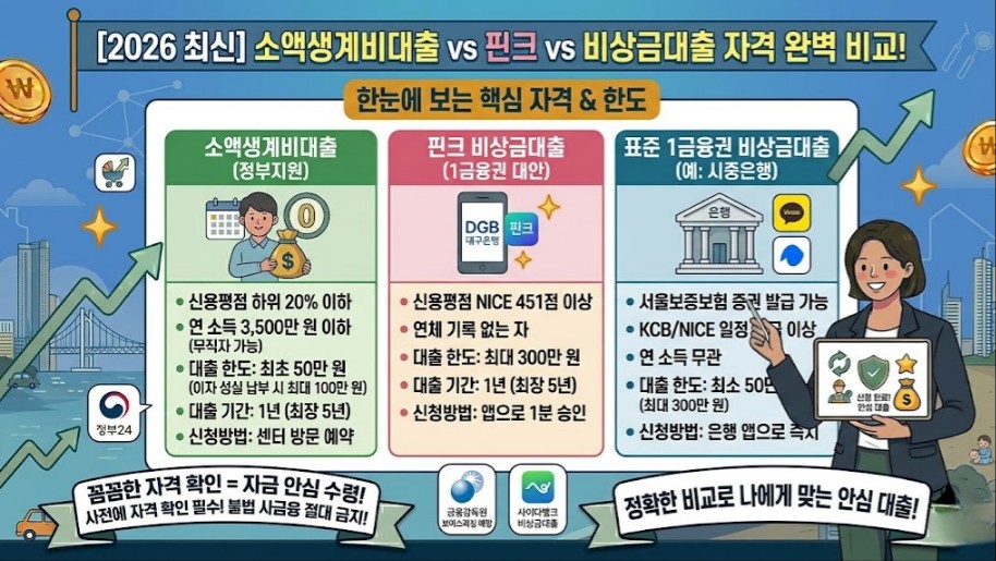 서민금융진흥원 소액생계비대출 핀크 비상금대출 1금융권 50만원 대출 자격 조건 비교표