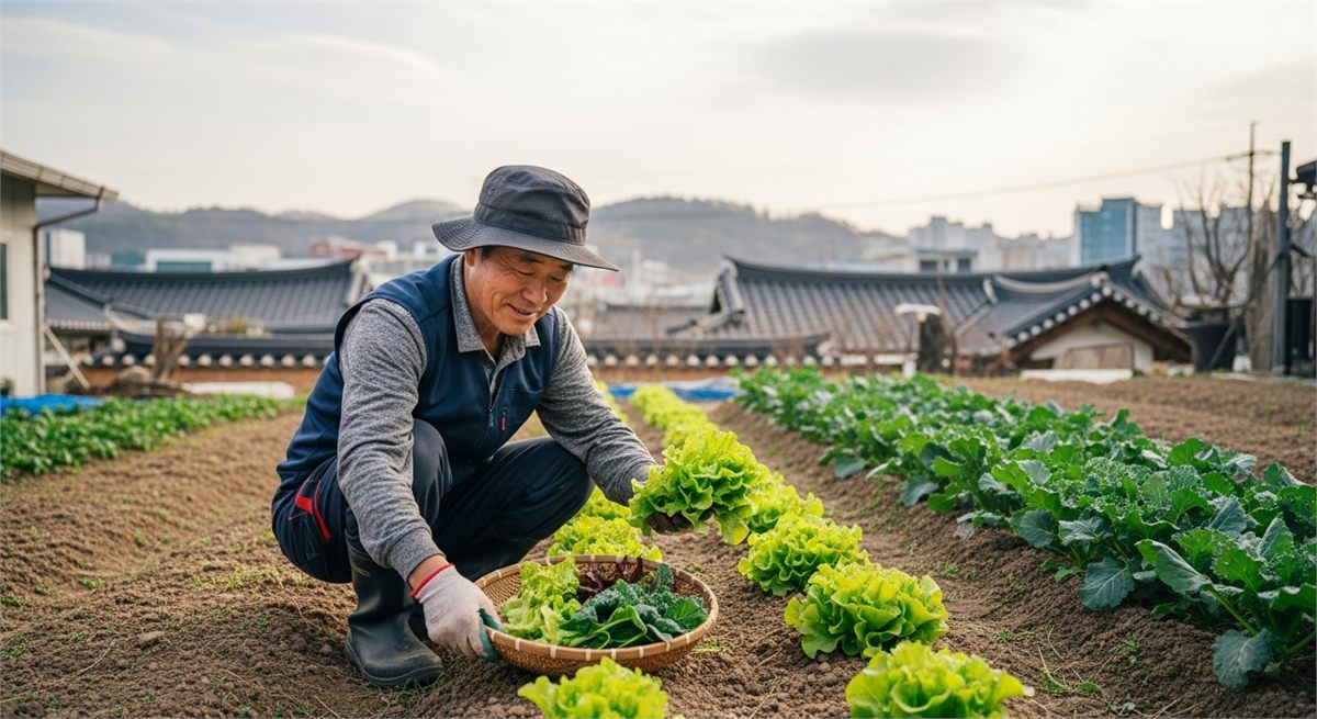 텃밭에서 봄작물을 직접 수확하는 한국인 가드너의 모습 