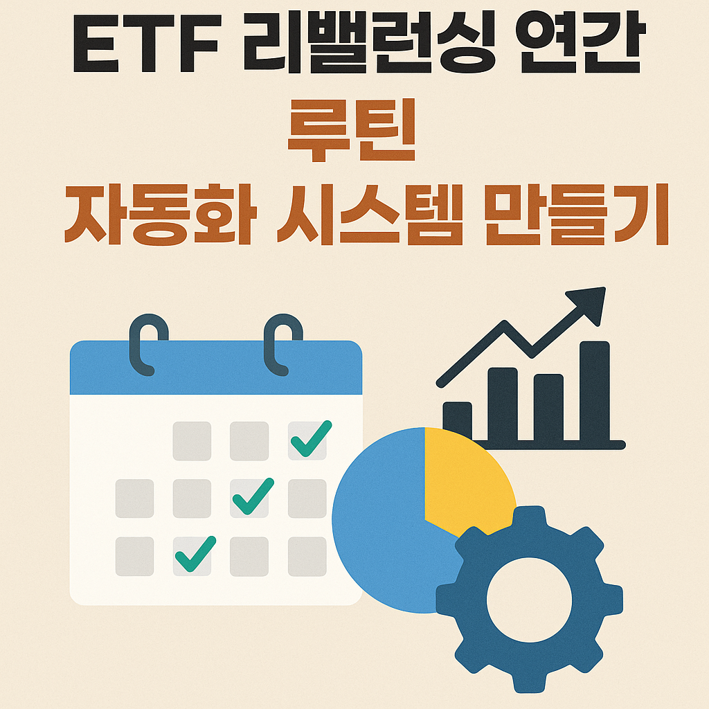 ETF 리밸런싱 연간 루틴을 시각화한 썸네일 – 연간 달력, 구글시트, 알림 아이콘이 포함된 플랫 스타일 디지털 일러스트
