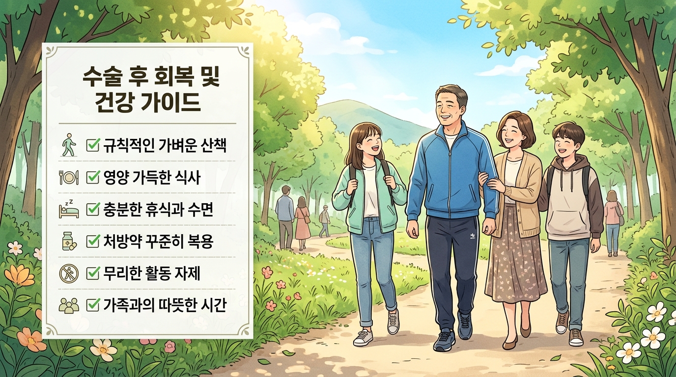 수술 후 회복 중인 50대 남성 환우가 따뜻한 햇살이 내리쬐는 푸른 공원 숲길을 가족들과 함께 활기차게 걸으며 췌장암 재발 방지 수칙인 유산소 운동과 면역력 강화를 이행하는 감성적인 2D 일러스트 이미지.