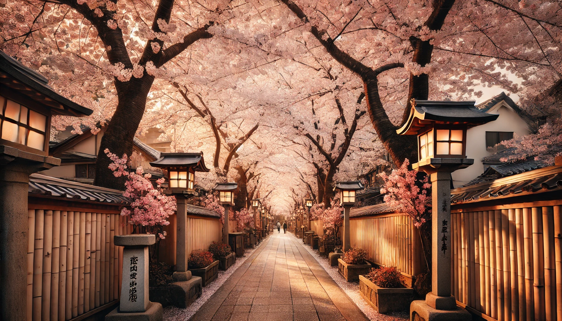 오사카의 한적한 벚꽃길에서 벚꽃이 흐드러지게 핀 모습