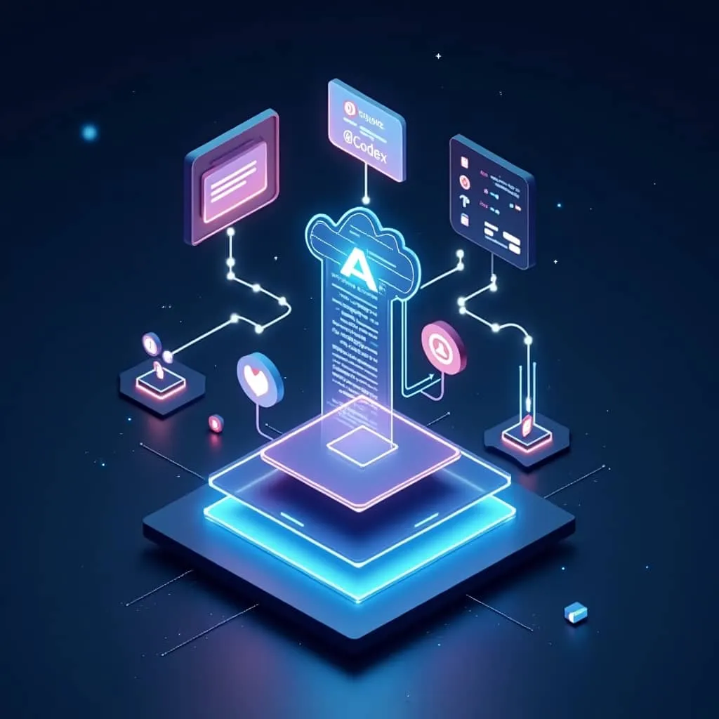 오픈AI데브데이: 클라우드 기반 AI 코딩 에이전트의 멀티태스킹 아키텍처를 시각화한 등각 투영 일러스트. 여러 개의 독립적인 작업 레이어가 클라우드 환경에서 동시에 실행되며&amp;#44; 각각의 개발 작업(버그 수정&amp;#44; 기능 개발&amp;#44; 테스트&amp;#44; 코드 리뷰)이 병렬로 처리되는 Codex의 작동 방식을 표현함.