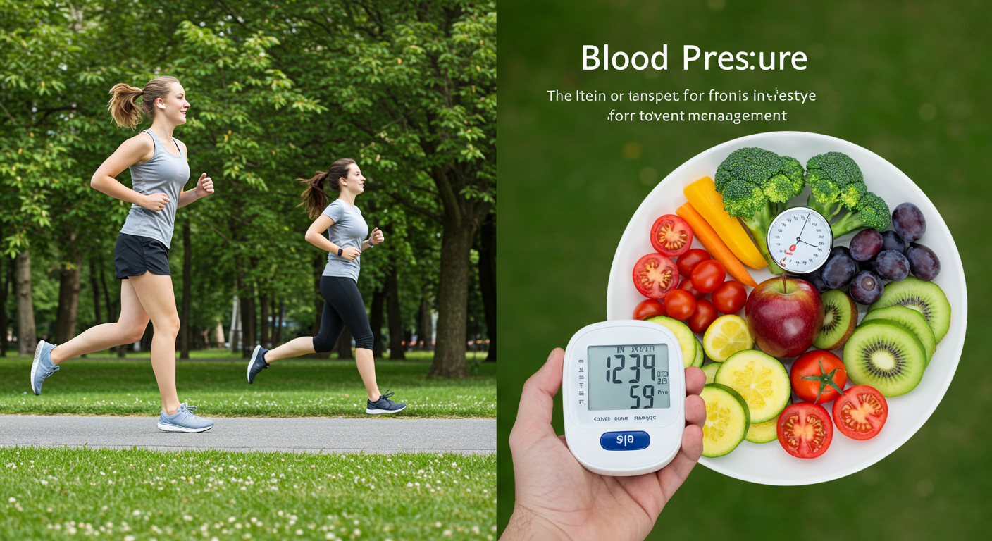 푸른 공원에 앉아 즐겁게 조깅하는 사람, 신선하고 다채로운 채소와 과일이 담긴 균형 잡힌 접시, 그리고 혈압계를 든 손을 표현한 사진