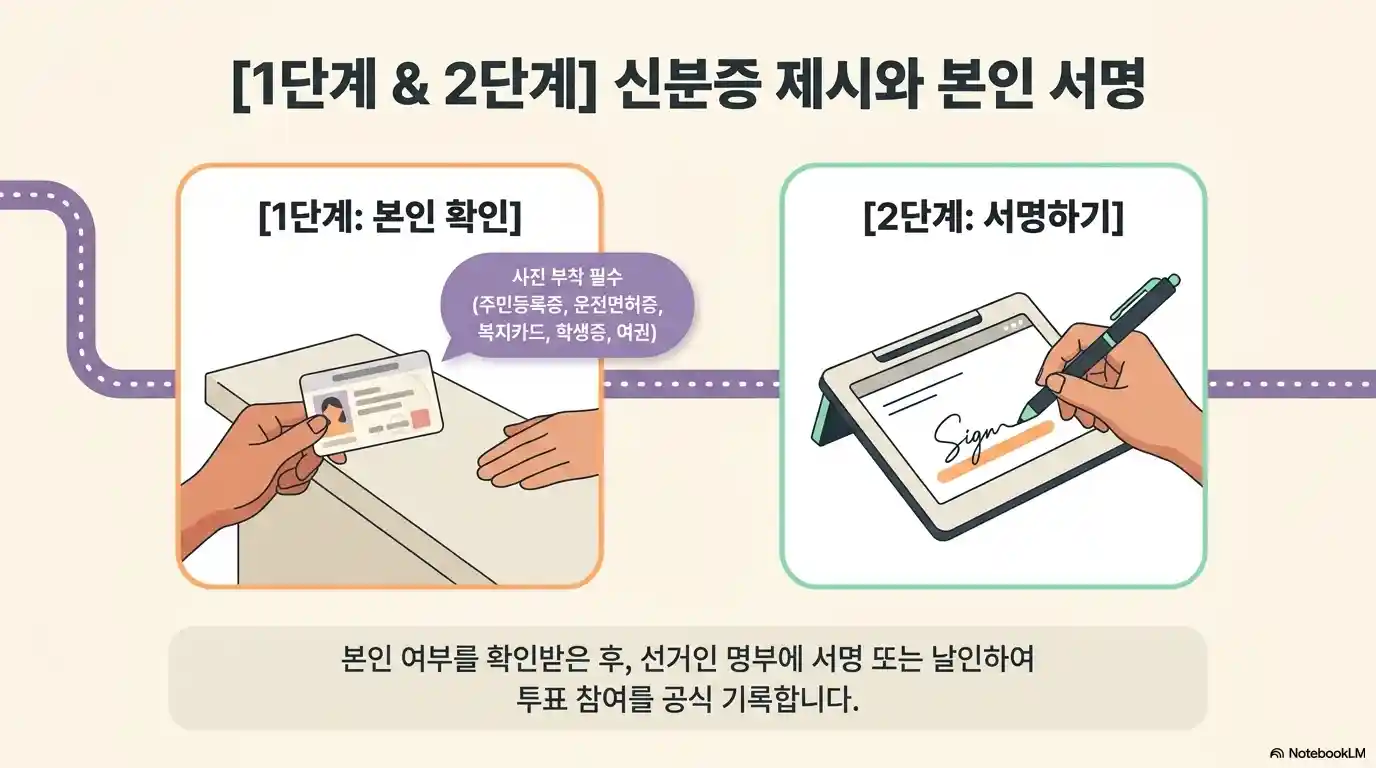 본투표 1단계&middot;2단계 안내 - 사진 부착 신분증(주민등록증&middot;운전면허증&middot;복지카드&middot;학생증&middot;여권) 제시 후 선거인 명부에 서명 또는 날인