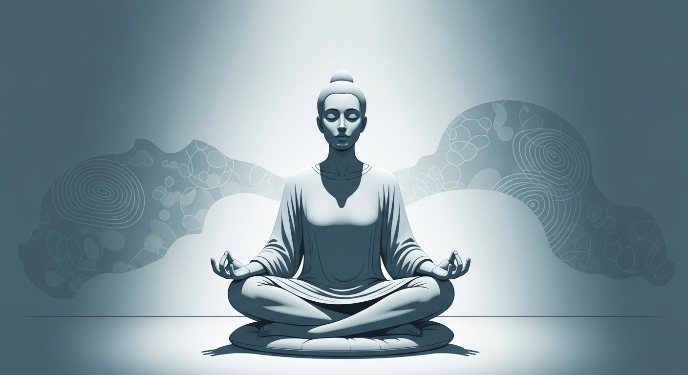 고요한 자세로 명상하며 마음의 평화와 집중력을 찾는 사람의 모습, 스트레스 관리를 통한 뇌 건강 증진을 표현.