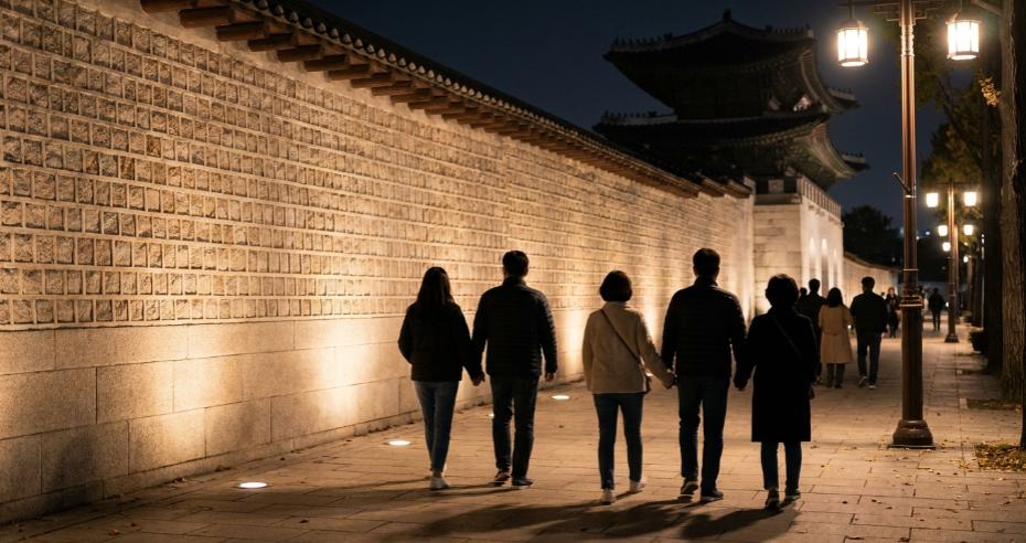 경복궁 담벼락 옆을 걷는 사람들