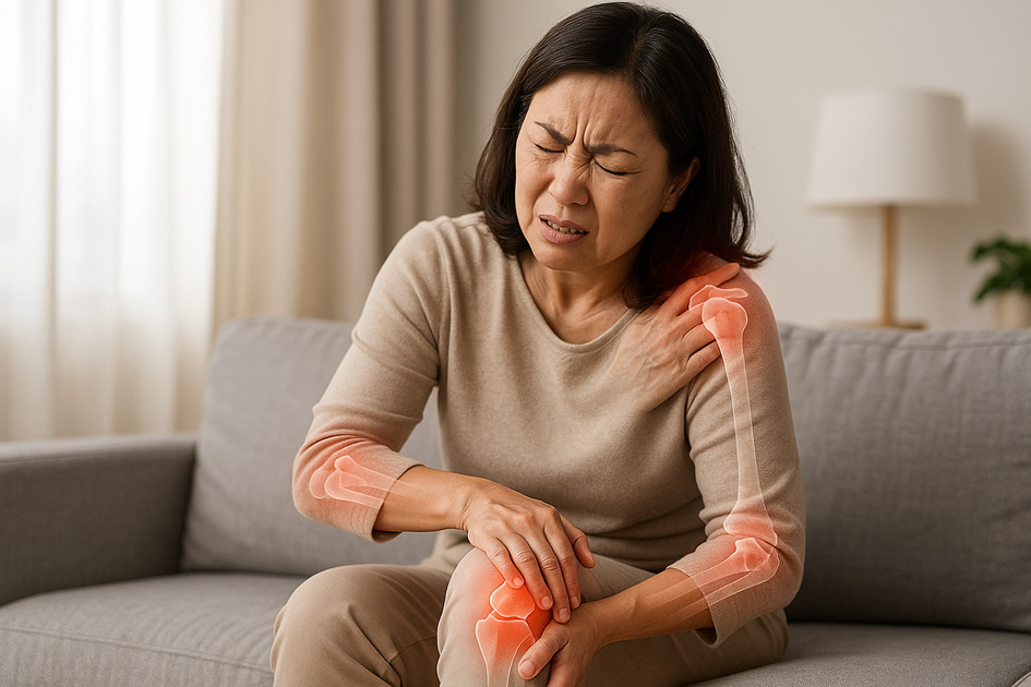 관절통 , 관절염 때문에 아픈 중년 여성의 이미지