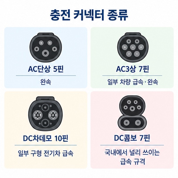 AC단상 5핀과 AC3상 7핀, DC차데모 10핀, DC콤보 7핀 커넥터 차이를 보여주는 이미지