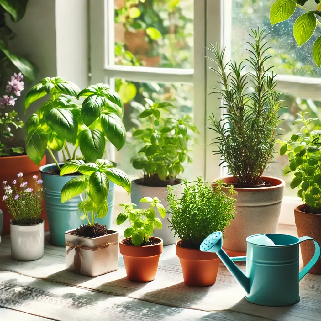 창가에 햇빛을 받으며 자라는 허브 화분, 바질과 민트.