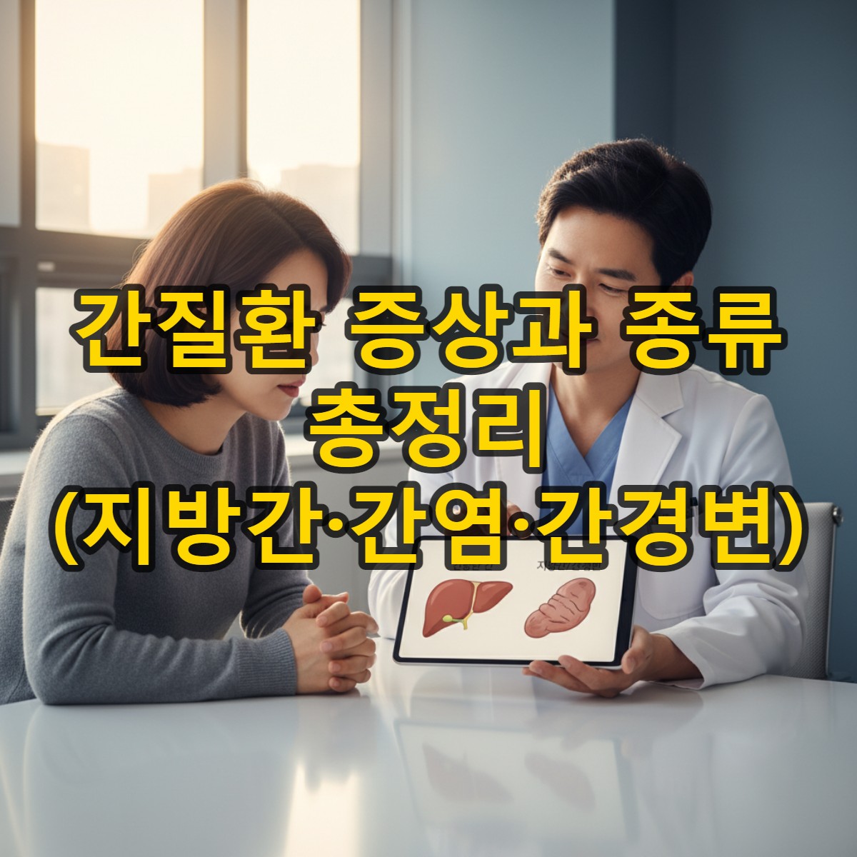 간 건강 상담을 받는 한국인 환자와 의사, 간질환 예방의 중요성을 설명하는 모습