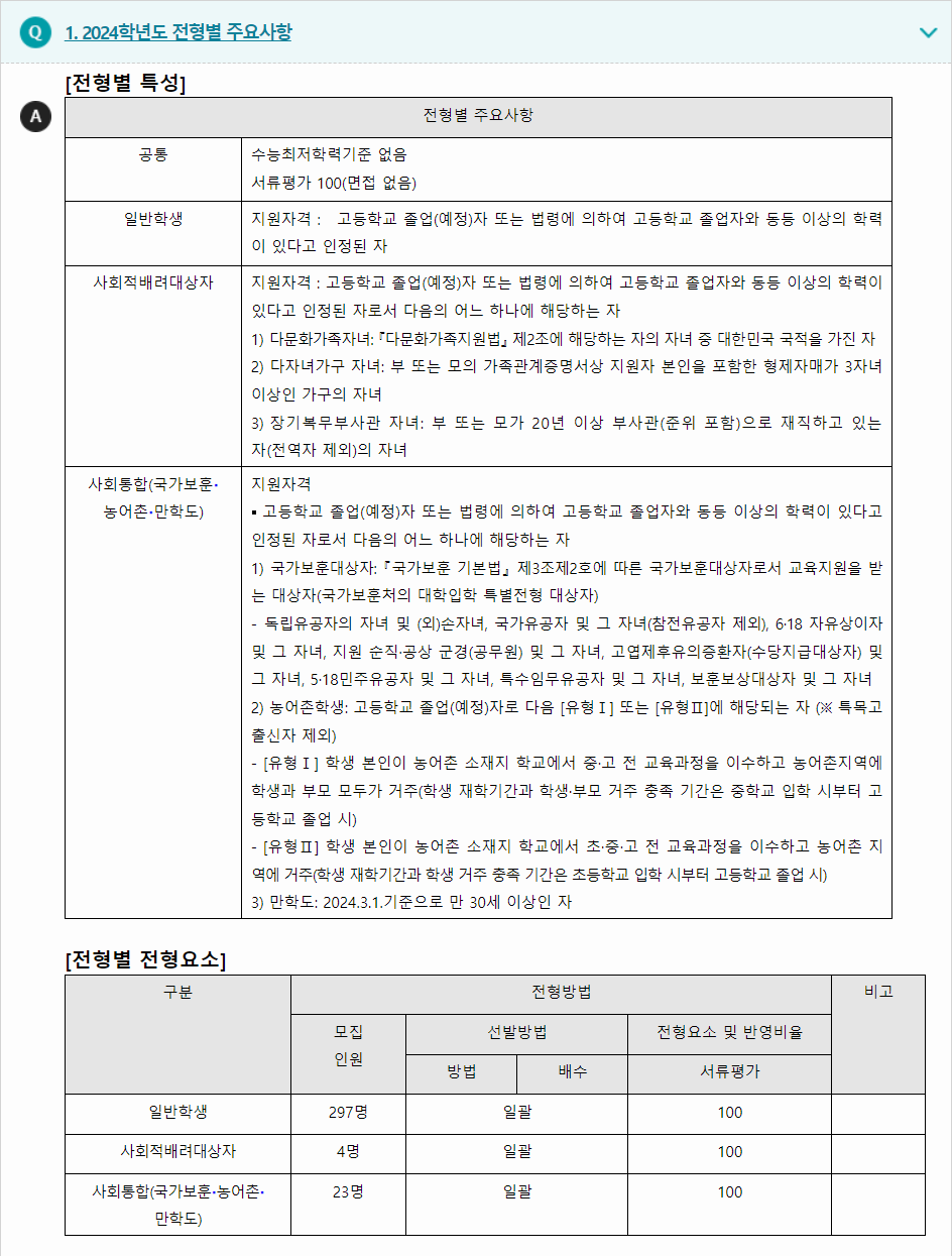 2024학년도 군산대학교 학생부종합전형 전형별 주요사항