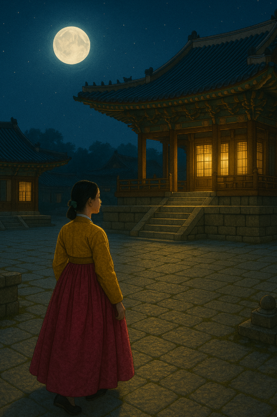 한복여행 밤에 고요한 궁투어하는 모습