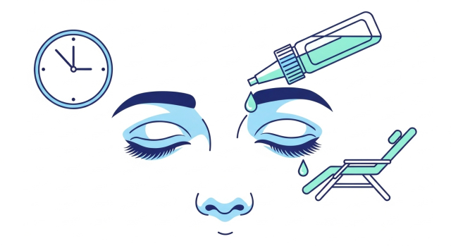 인공눈물 사용과 눈 휴식을 통해 건조한 눈을 관리하는 모습