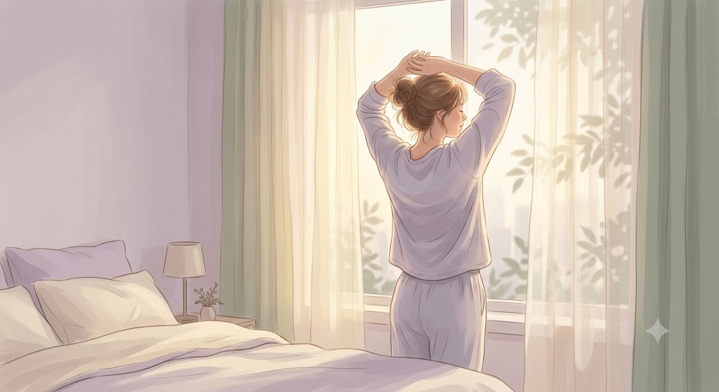 아침 햇살이 비치는 창가에서 기지개를 켜며 가뿐하게 하루를 시작하는 여성의 뒷모습 일러스트