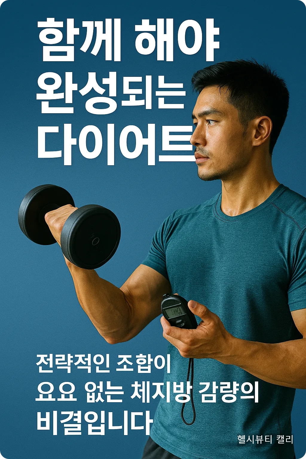 스톱워치와 아령을 든 남성이 진지하게 운동을 바라보는 모습, 전략적 운동 조합에 대한 메시지가 함께 표현됨