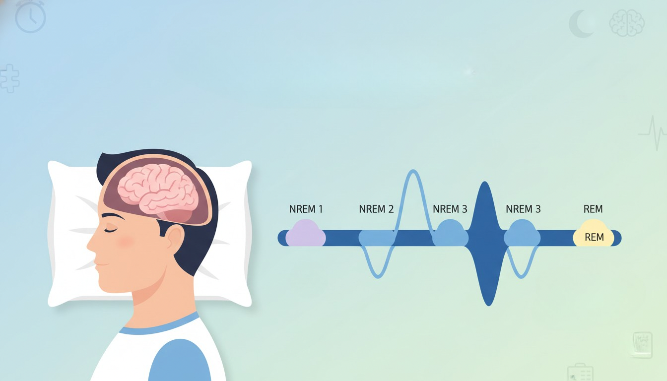 수면 사이클 인포그래픽: 90분 주기와 NREM/REM 변화, 밤중 각성 지점 표시된 의료 일러스트