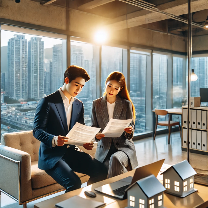 아파트 사무실에서 임대 계약서를 검토하는 청년 커플의 모습