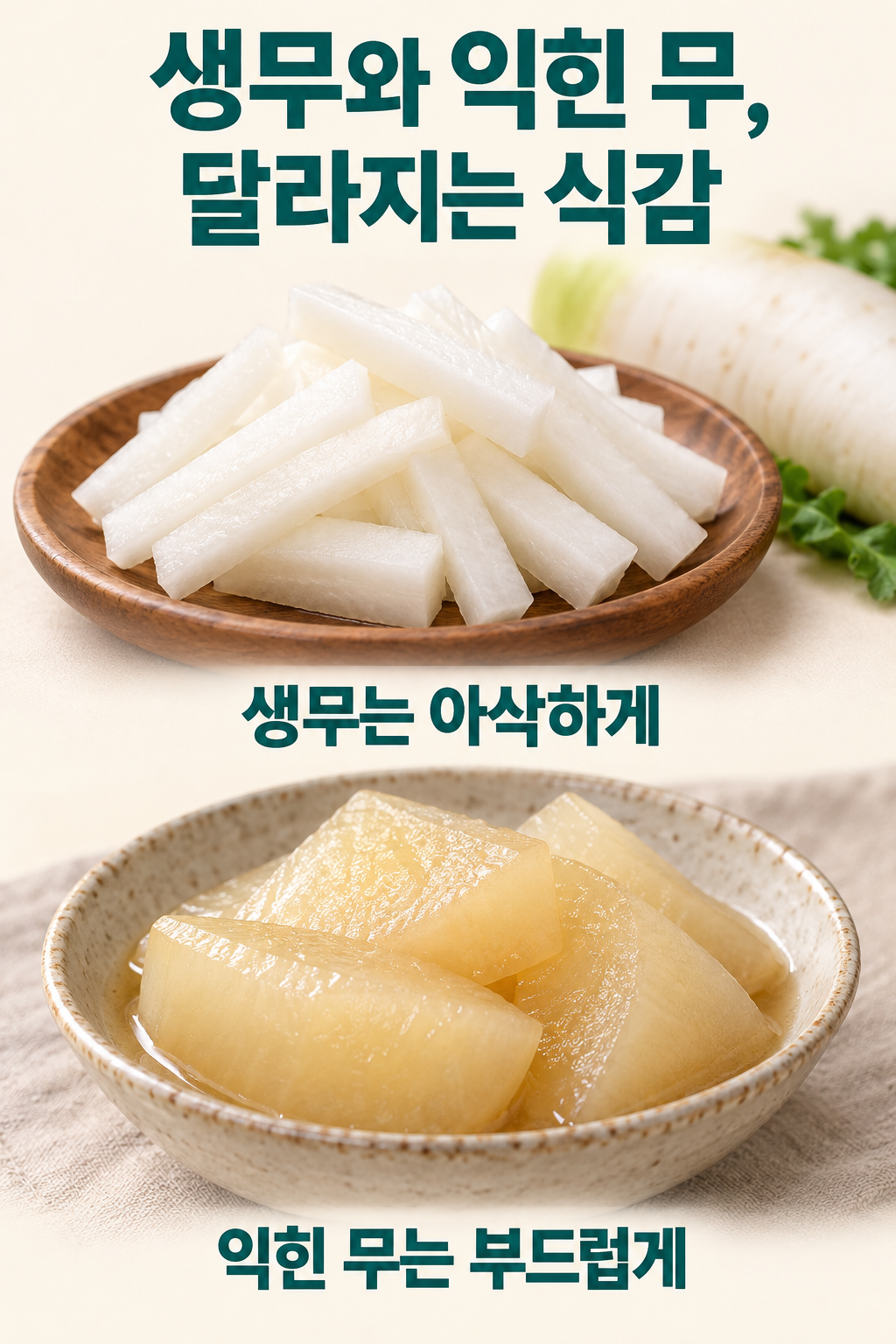 생무 막대 조각과 익힌 무 조각을 나란히 놓고 식감 차이를 표시한 비교