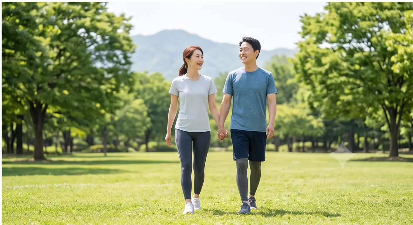 화창한 날 공원 잔디밭에서 손을 잡고 산책하며 운동하는 건강한 남녀 커플