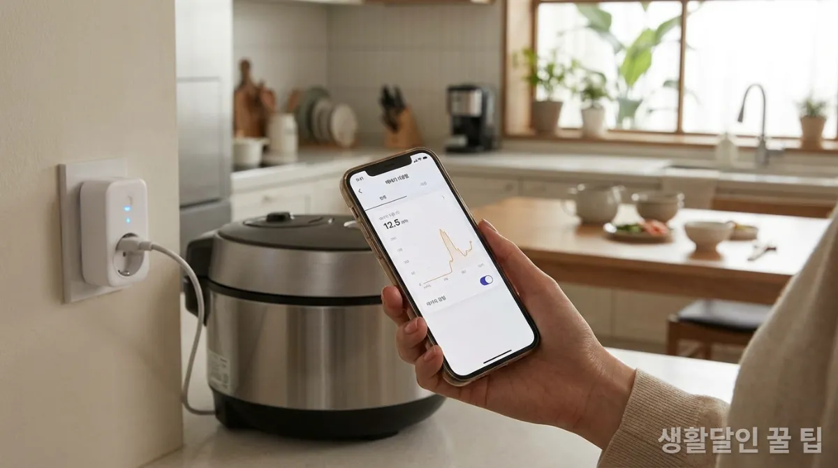 스마트폰 앱으로 스마트 플러그를 제어하며 전기요금을 절약하는 모습
