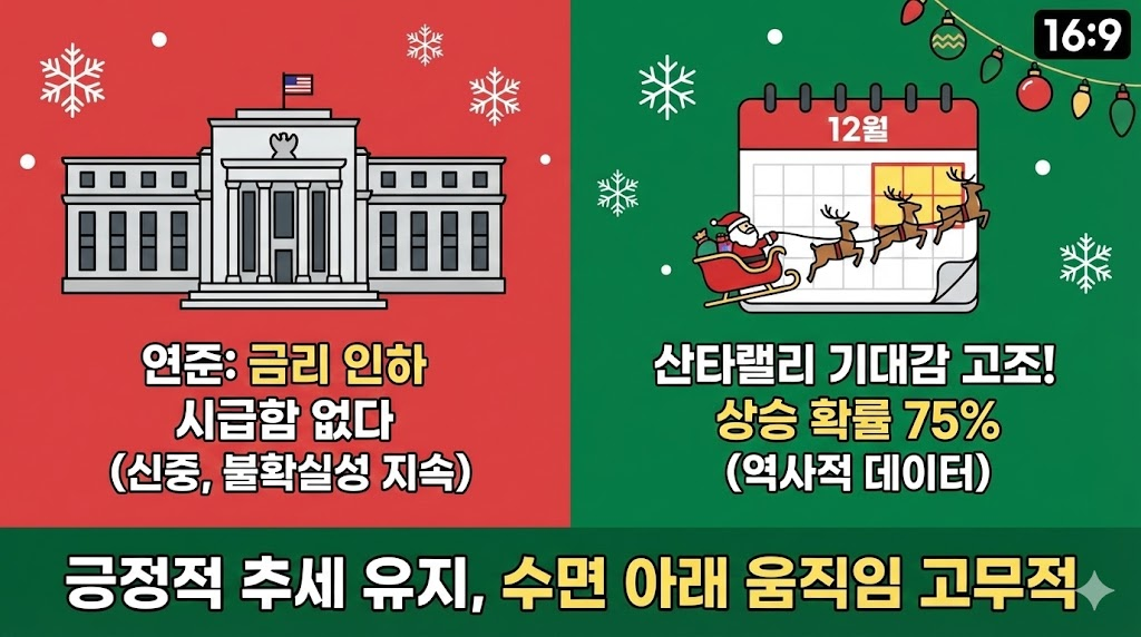 연준의 신중한 금리 인하 입장과 역사적 데이터에 기반한 산타랠리 기대감을 대조적인 이미지로 표현하여 향후 시장 전망을 제시했습니다.