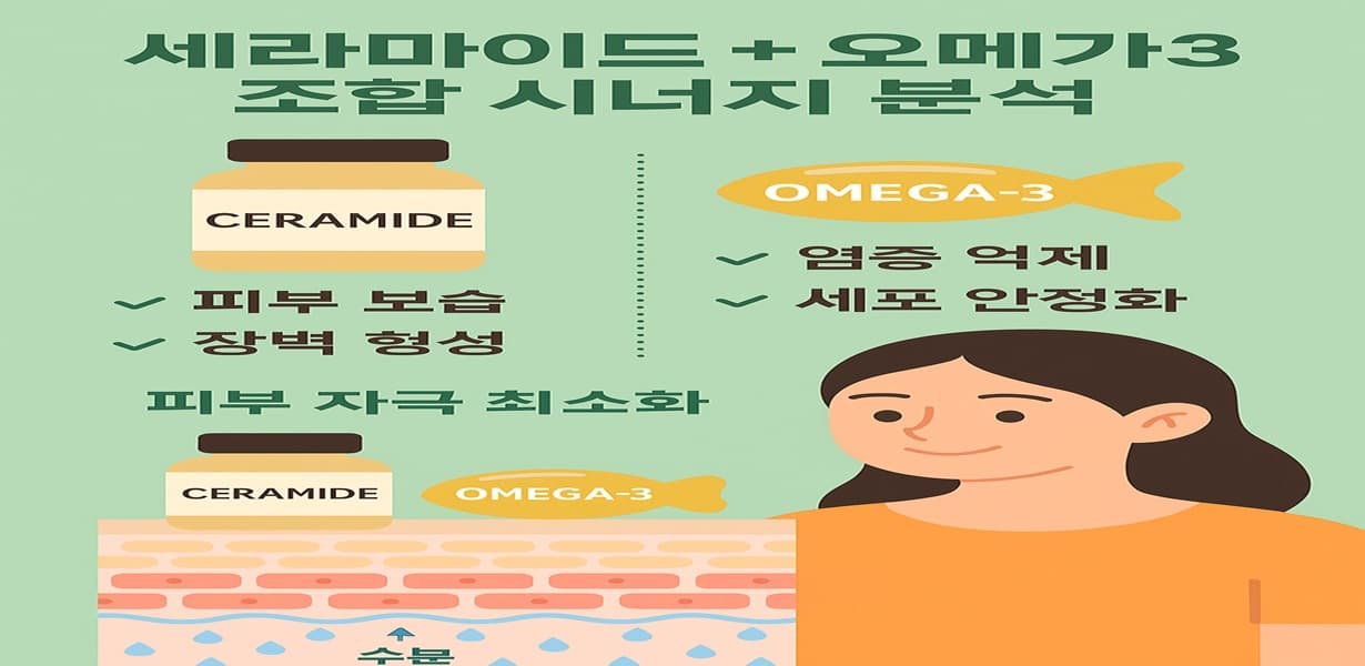 세라마이드와 오메가3가 피부 보습, 염증 억제, 장벽 형성 등 피부 자극 완화에 시너지 효과를 주는 인포그래픽