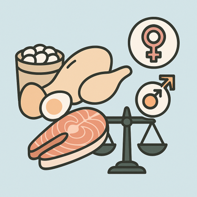단백질 식품과 호르몬 균형 아이콘을 결합한 일러스트