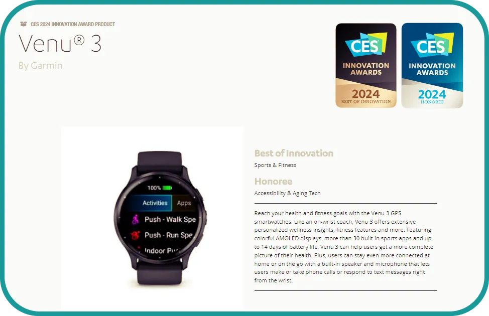 Garmin의 스마트 워치 Venu 3 ces2024 최고혁신상