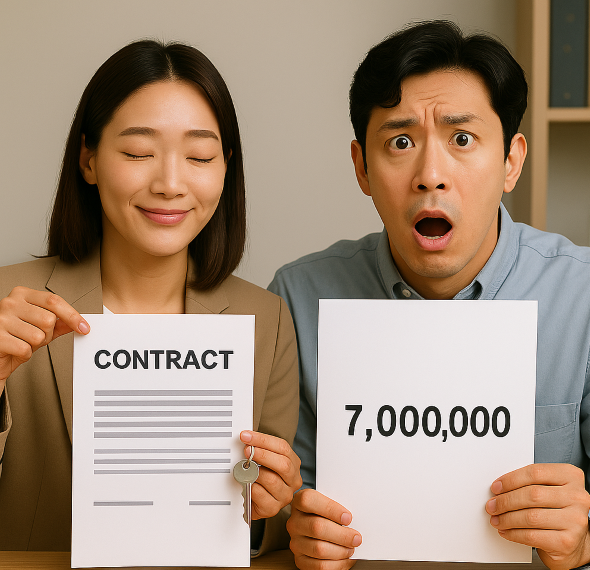집 계약서를 들고 웃는 여성과, 700만 원 세금 고지서를 보고 놀라는 남성의 모습