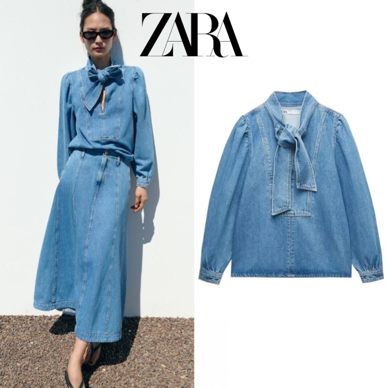 자라 ZARA 리본 포인트 데님 셔츠 블라우스