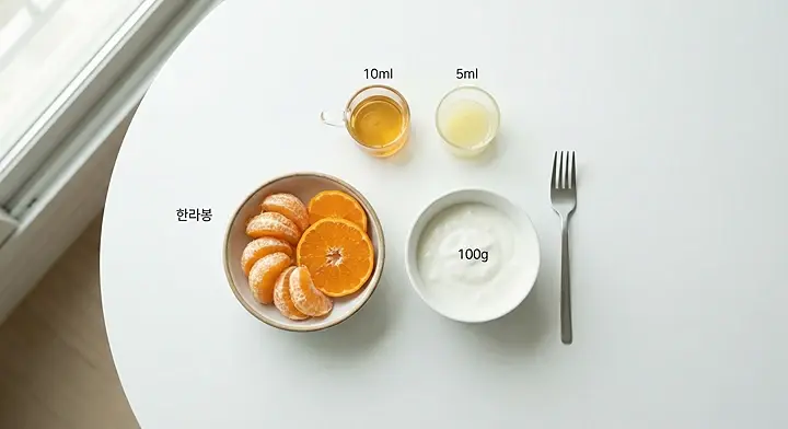 귤 과육, 플레인 요거트, 꿀을 준비한 요구르트 샤베트 재료 사진