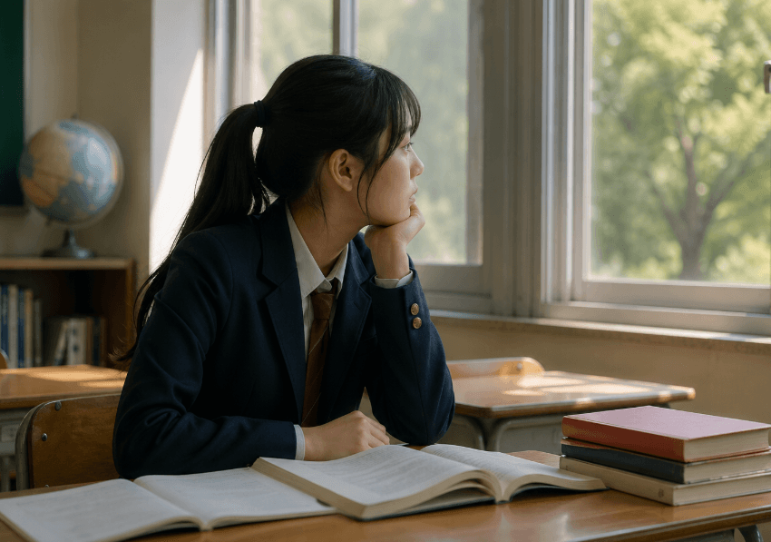 공부하다가 창문을 바라보고 있는 학생
